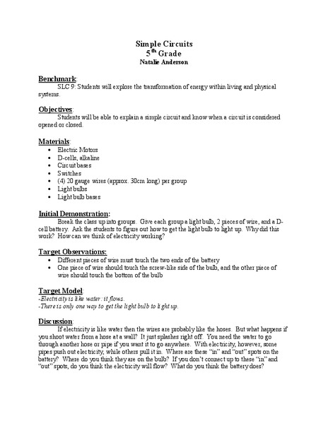 Simple Circuits Lesson Plan