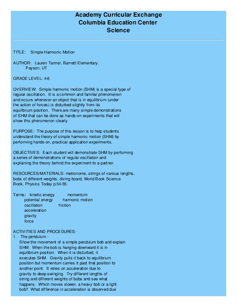 Simple Harmonic Motion Lesson Plan