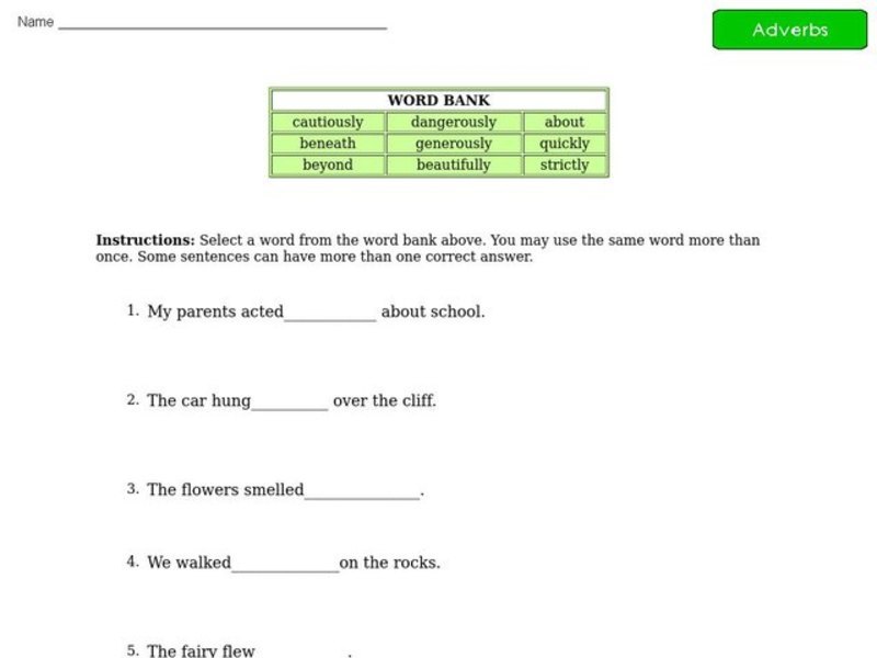 Adverbs - Sentence Completion Worksheet