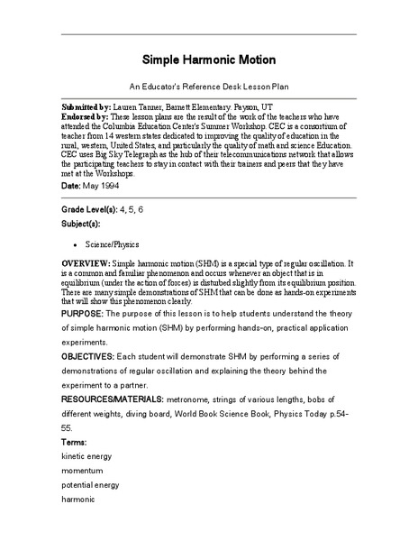 Simple Harmonic Motion Lesson Plan