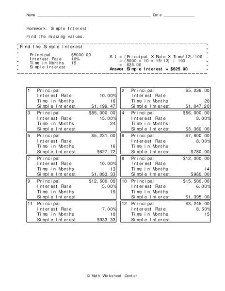 Simple Interest Worksheet