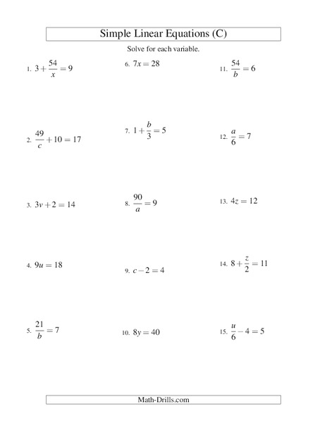 Simple Linear Equations (C) Worksheet