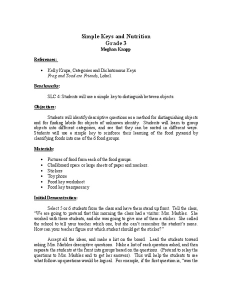 Simple Keys and Nutrition Lesson Plan