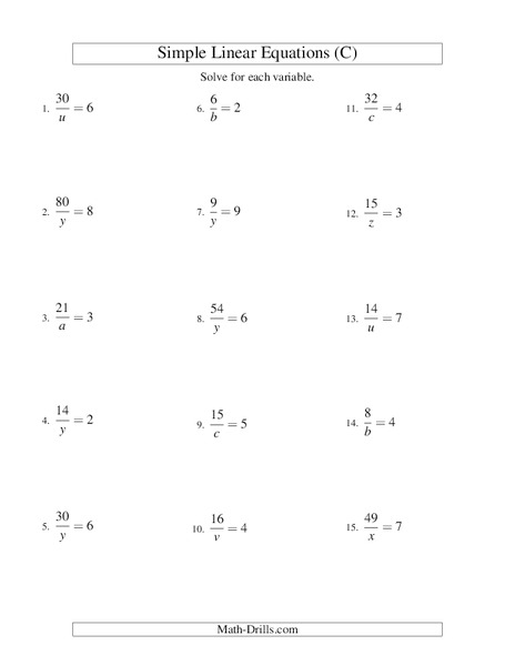 Simple Linear Equations (C) Worksheet