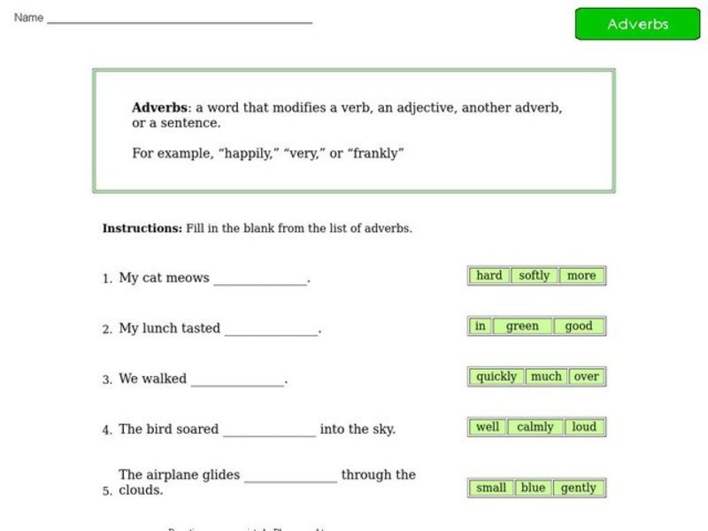 Adverbs - Sentence Completion Worksheet