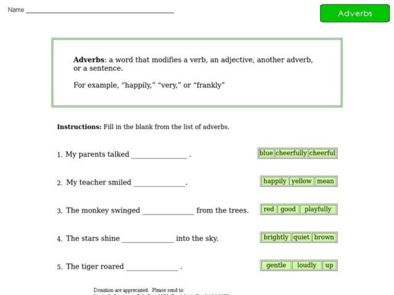 Adverbs - Sentence Completion Worksheet