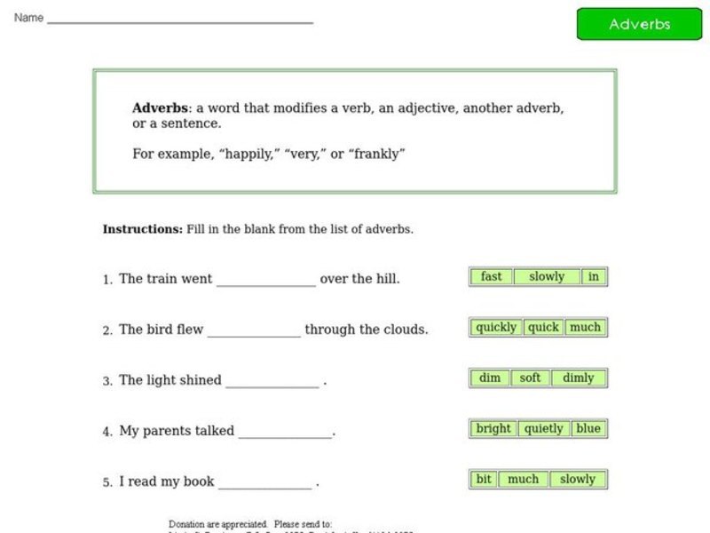 Adverbs - Sentence Completion Worksheet