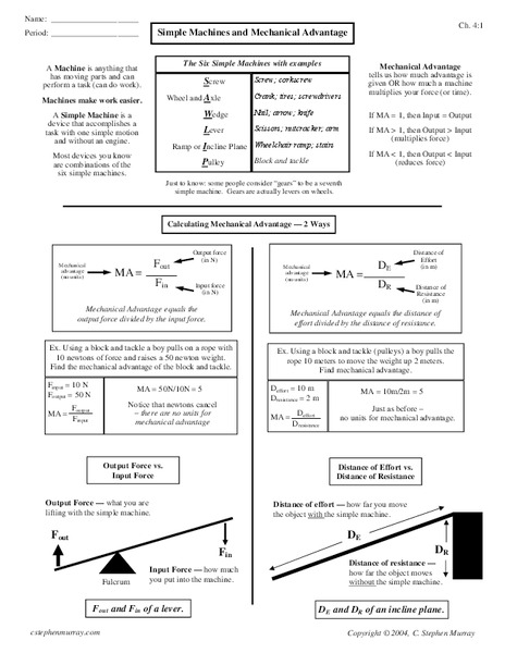 Simple Machines and Mechanical Advantage Worksheet