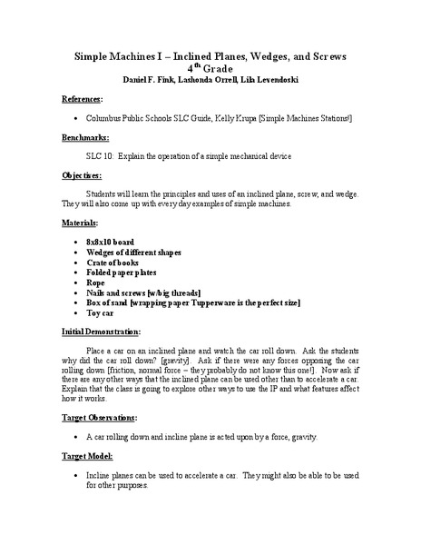 Simple Machines I - Inclined Planes, Wedges, and Screws Lesson Plan
