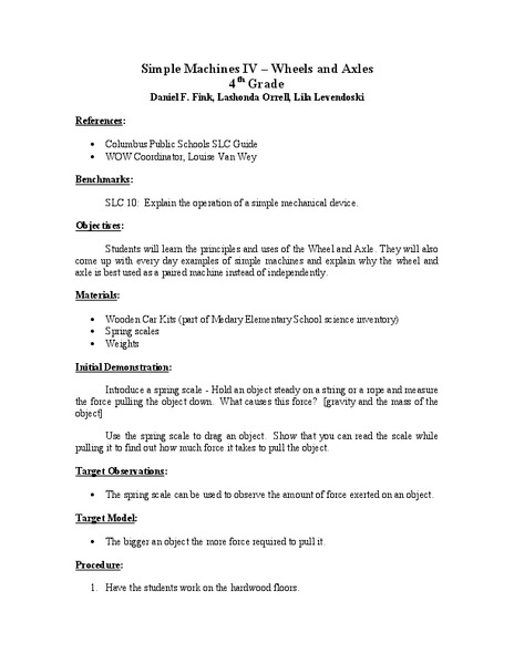 Simple Machines IV - Wheels and Axles Lesson Plan