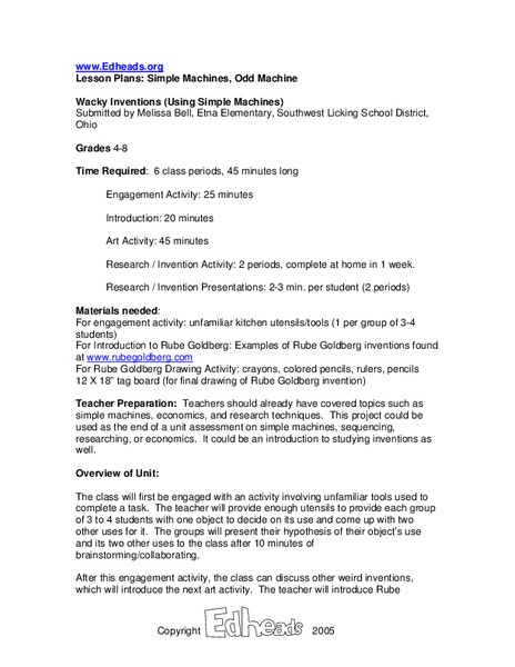 Simple Machines, Odd Machine Lesson Plan