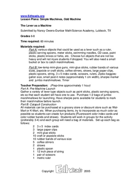 Simple Machines, Odd Machine Lesson Plan
