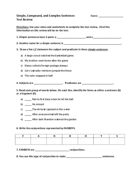 Simple, Compound, and Complex Sentences Worksheet
