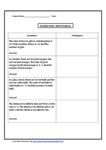 Simplify Ratio: Word Problems Worksheet