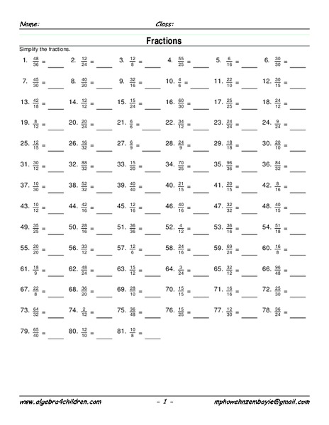 Simplify Fractions Worksheet