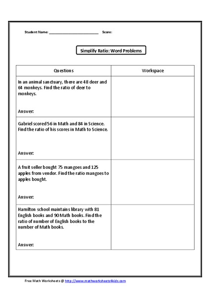 Simplify Ratio: Word Problems Worksheet