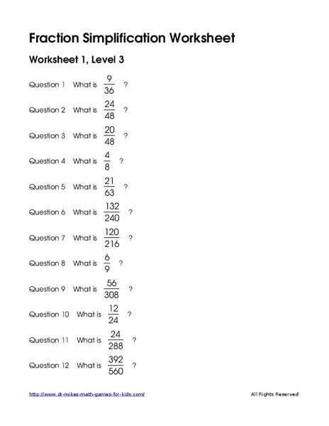 Simplify Fractions Worksheet