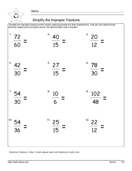 Simplify the Improper Fractions Worksheet
