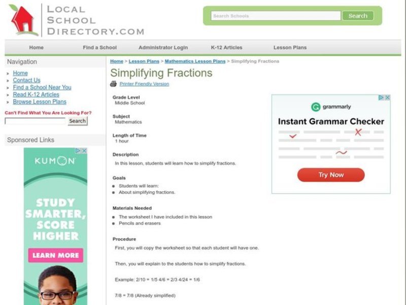Simplifying Fractions Lesson Plan