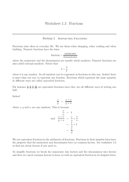 Simplifying Fractions Worksheet