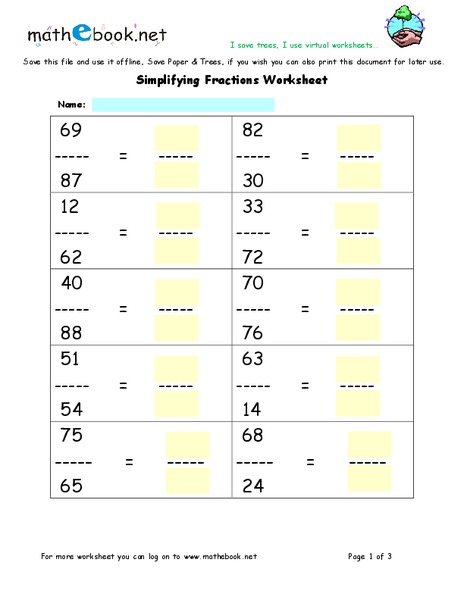 Simplifying Fractions Worksheet