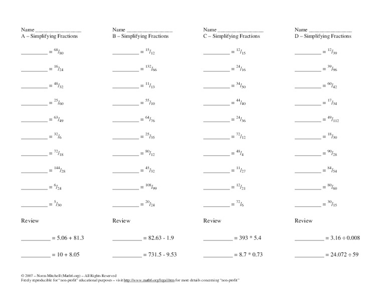 Simplifying Fractions Worksheet