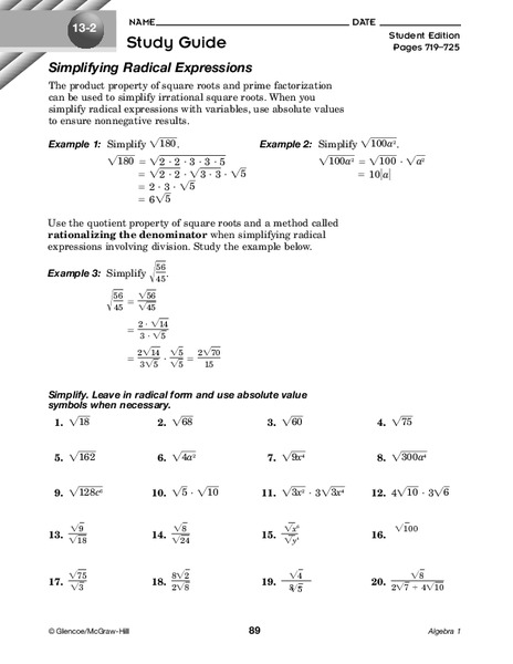 Simplifying Radical Expressions Worksheet