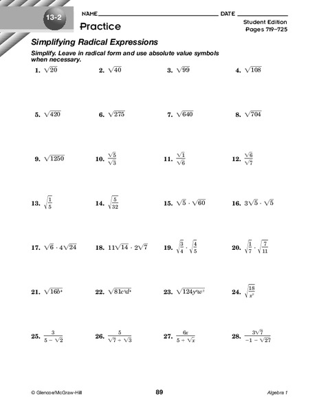 Simplifying Radical Expressions Worksheet