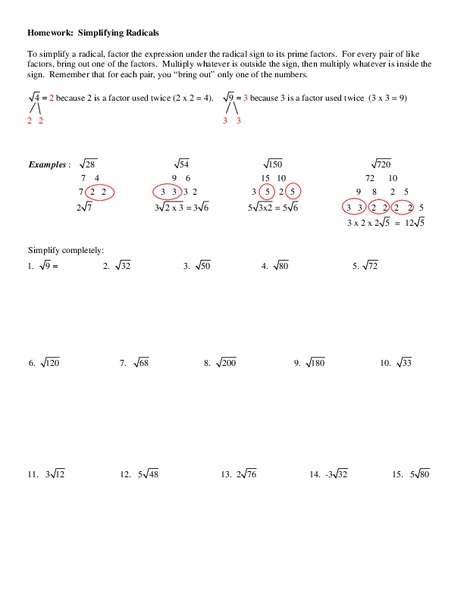 Simplifying Radicals Worksheet