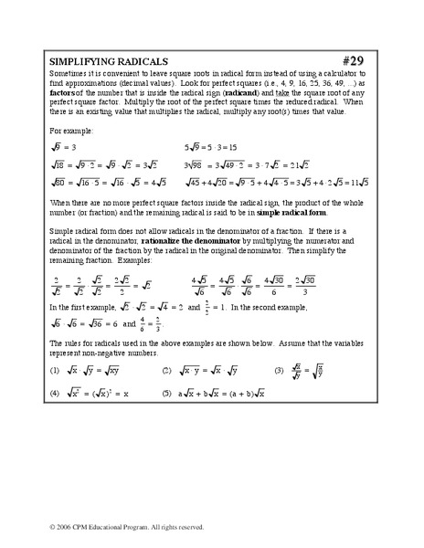 Simplifying Radicals Worksheet
