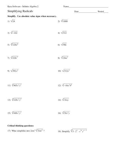 Simplifying Radicals Worksheet