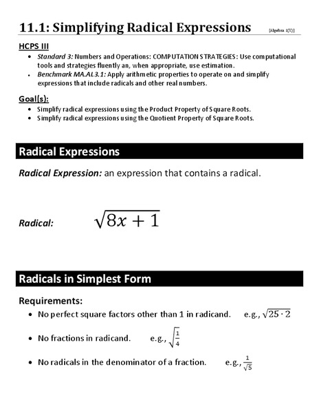 Simplifying Radical Expressions Worksheet