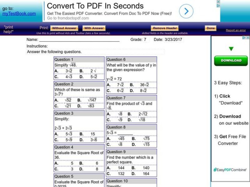 Simplifying Radicals Worksheet
