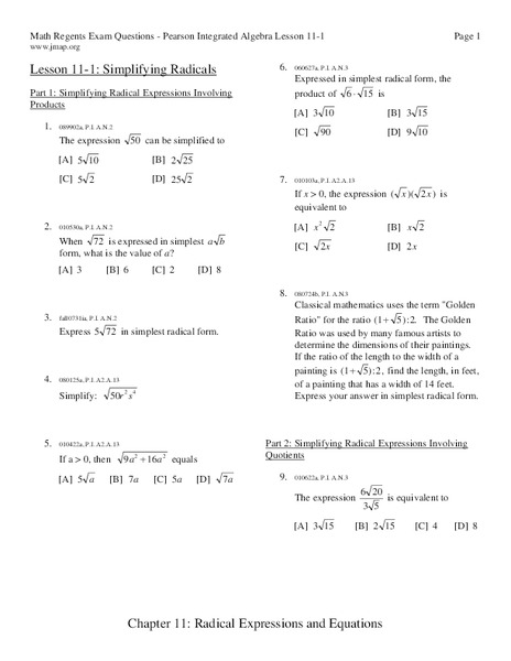 Simplifying Radicals Worksheet