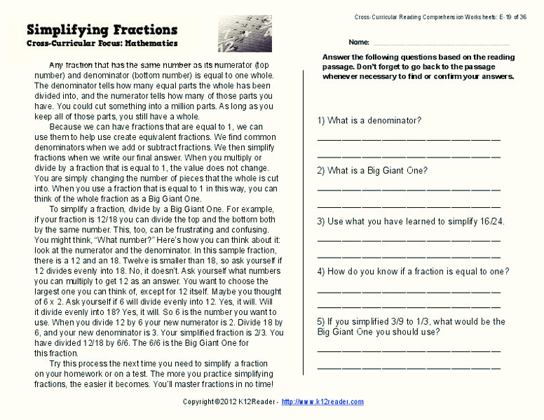 Simplifying Fractions Worksheet