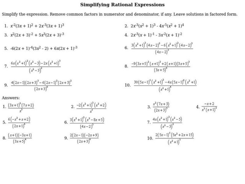 Simplifying Rational Expressions Worksheet