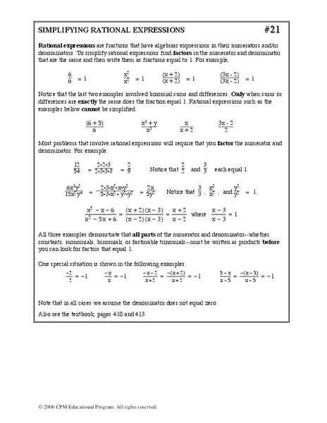 Simplifying Rational Expressions Worksheet