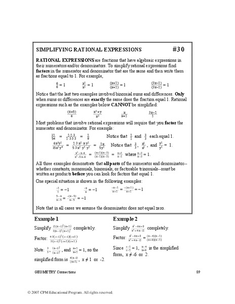 Simplifying Rational Expressions Worksheet