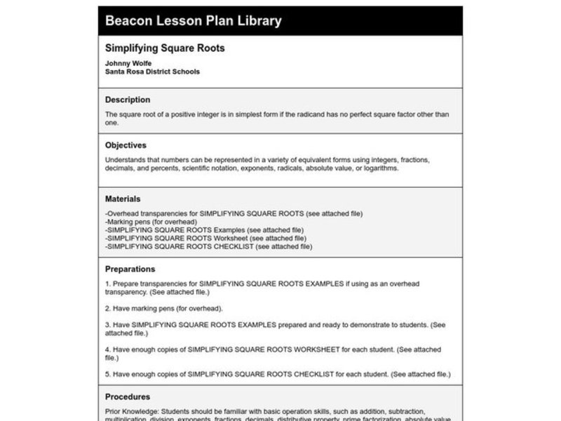 Simplifying Square Roots Lesson Plan