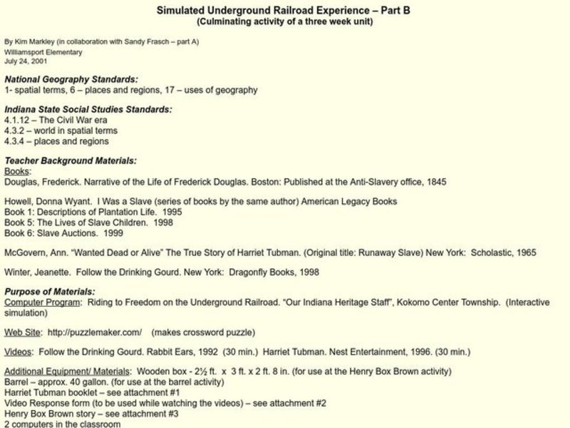 Simulated Underground Railroad Experience Lesson Plan