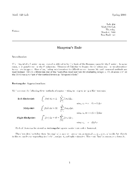Simpson's Rule Worksheet