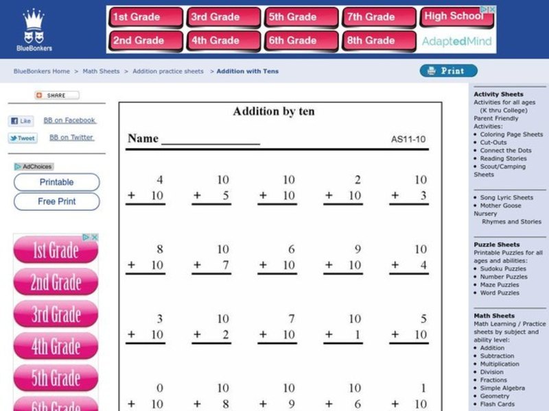 Single Digit Addition Worksheet