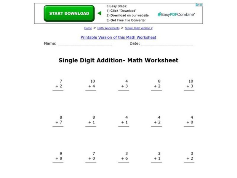 Single Digit Addition--Math Worksheet Worksheet