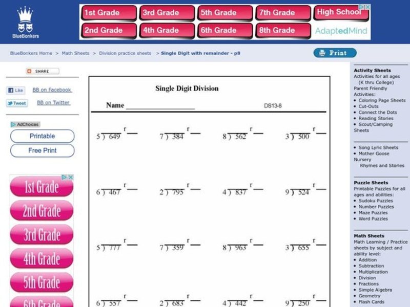 Single Digit Division Worksheet