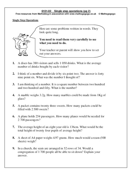 Single Step Operations Worksheet