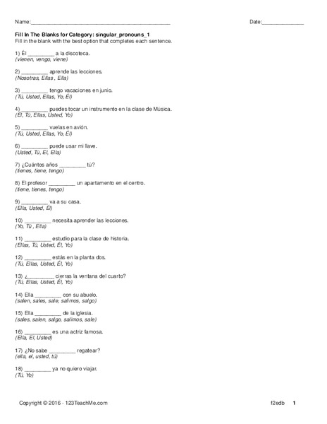Singular Pronouns Worksheet