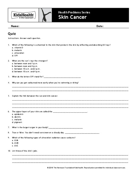 Quiz: Skin Cancer (Grades 6 to 8) Assessment