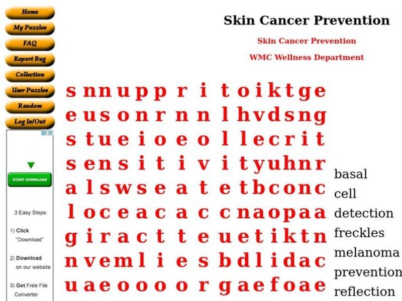Skin Cancer Prevention Worksheet