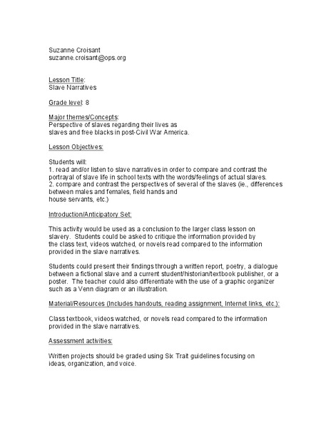 Slave Narratives Lesson Plan