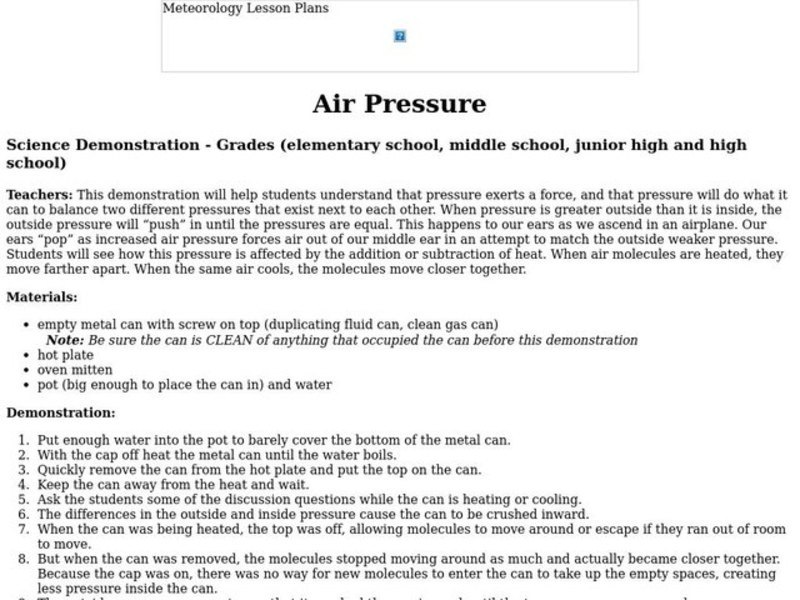Air Pressure Lesson Plan